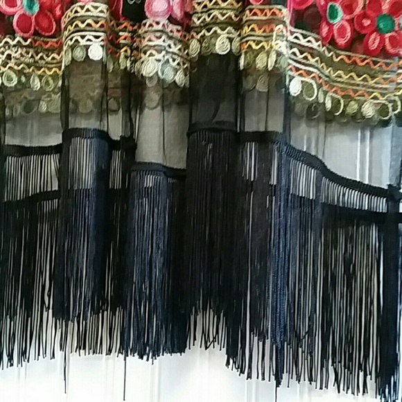 SOLD Black Net Boho Kimono Fringe Multi Color Floral Sz XL/XXL - Picture 2 of 6